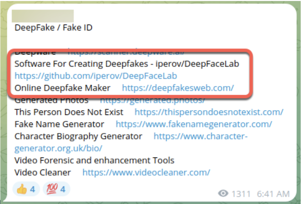 A fraudster providing links to deepfake software and websites.
