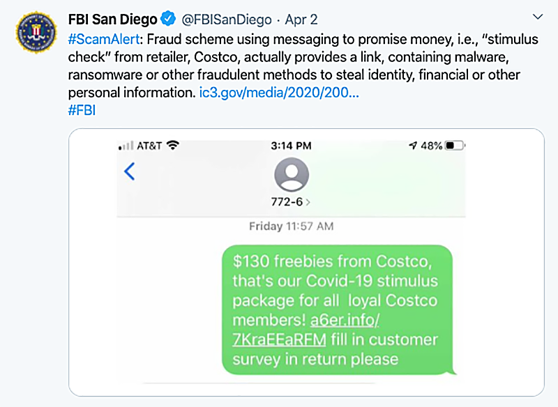 FBI Tweet regarding a fake Costco stimulus package promotion