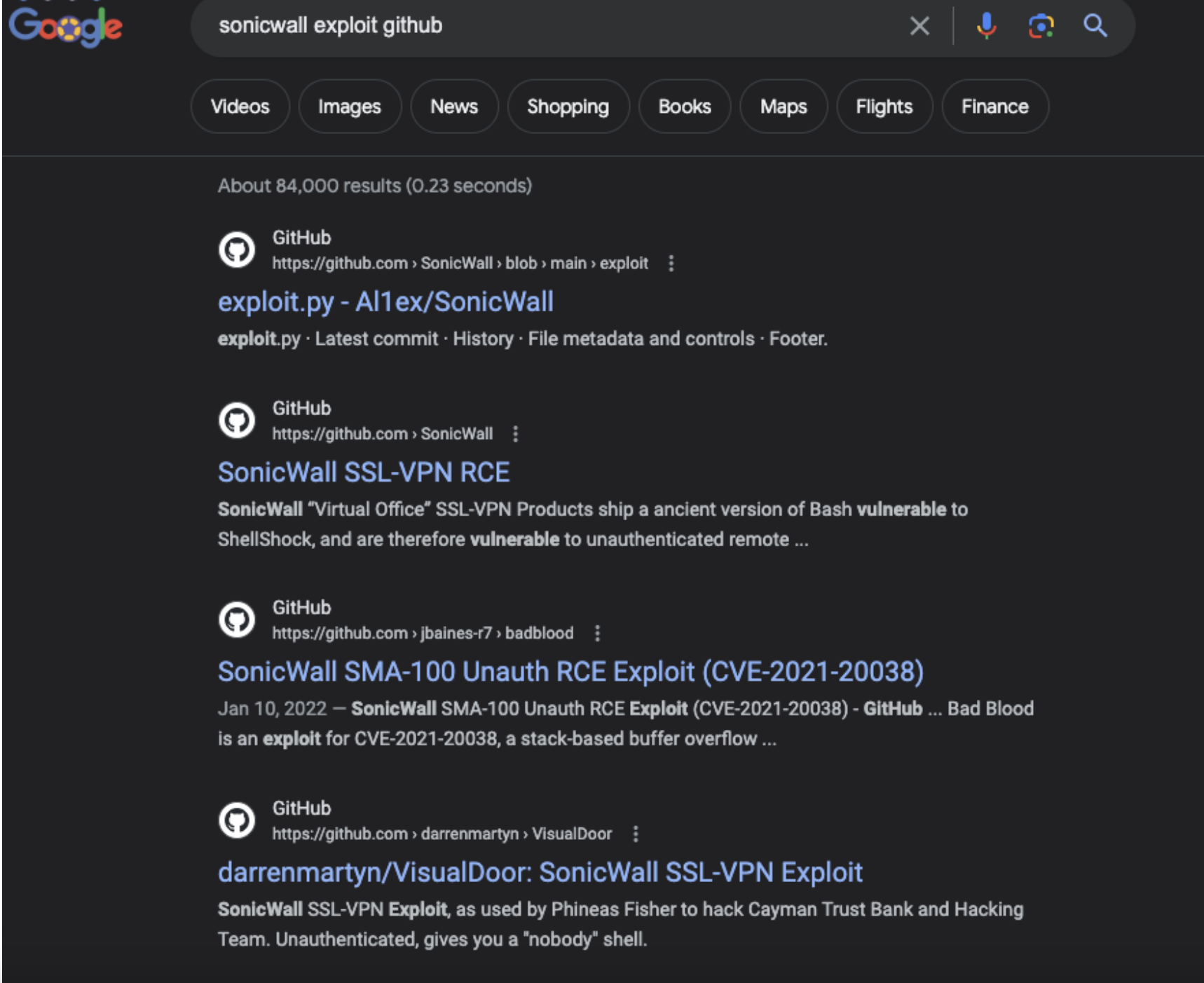 An easy Google search showing various vulnerabilities and PoCs for Sonicwal
