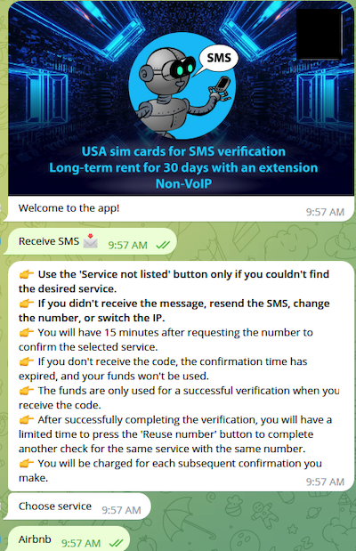 Underground SMS verification service available as a Telegram bot.