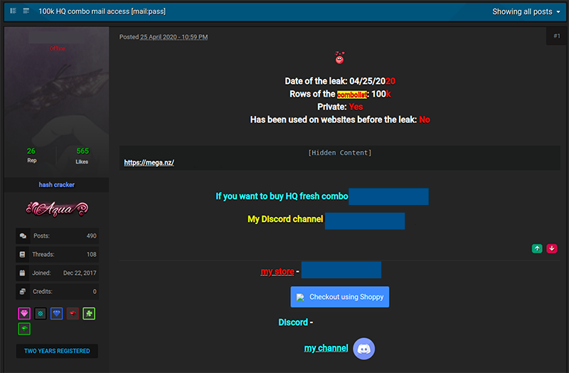 Example of a combo list available for free on an underground forum containing 100,000 email and password pairs