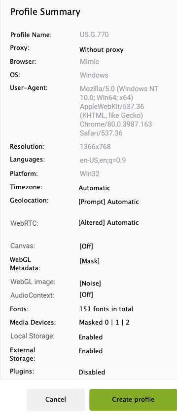 BlackWidows Group’s Indigo Browser 'profile' configuration