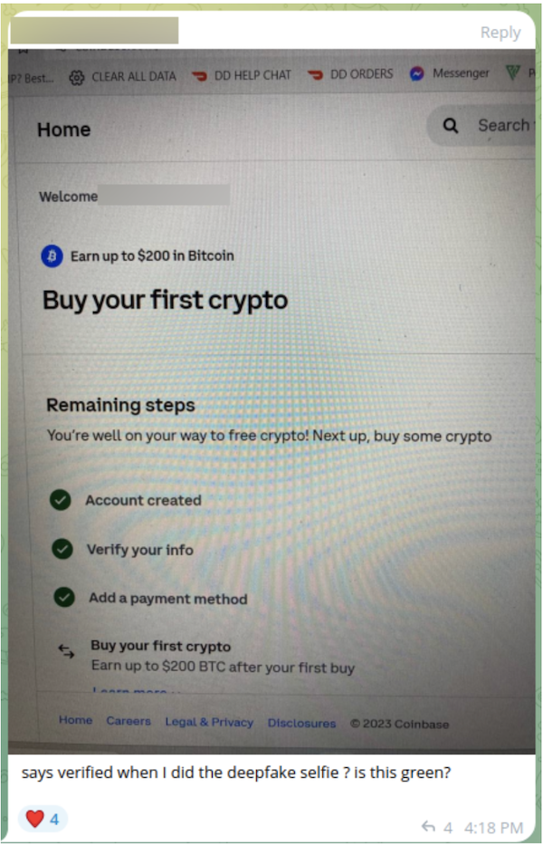 A fraudster using a deepfake selfie to open a crypto account.