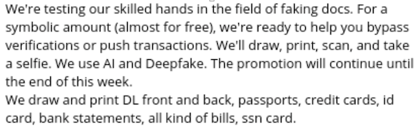 A fraudster advertising documents created with deepfakes to bypass verification.