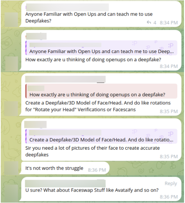 Fraudsters discussing the utility of using deepfakes for open ups.