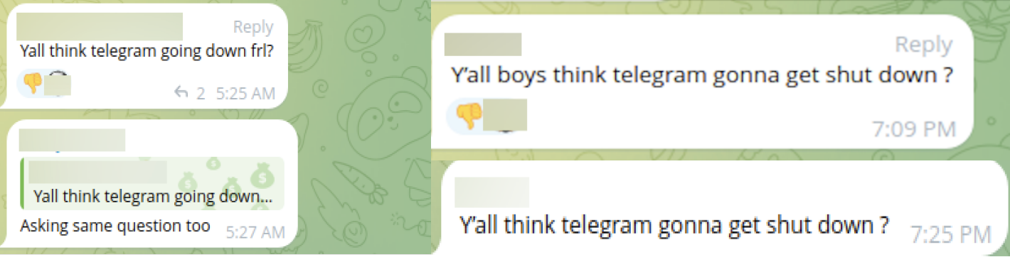 Members of different groups questioning their peers if they think Telegram will shut down.
