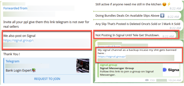 Fraudsters sharing that they have Signal as backup, but will continue posting on Telegram