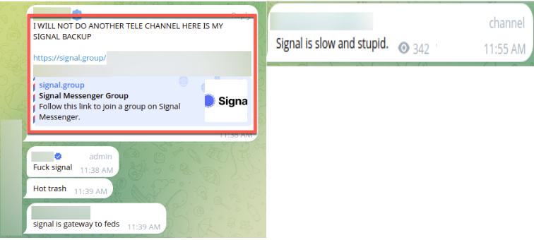 Fraudsters posting about their dislike for Signal and how they will not be moving to that platform.