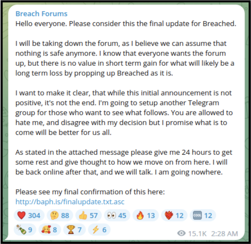 Figure 1: Baphomet's massage on Breached's Telegram channel
