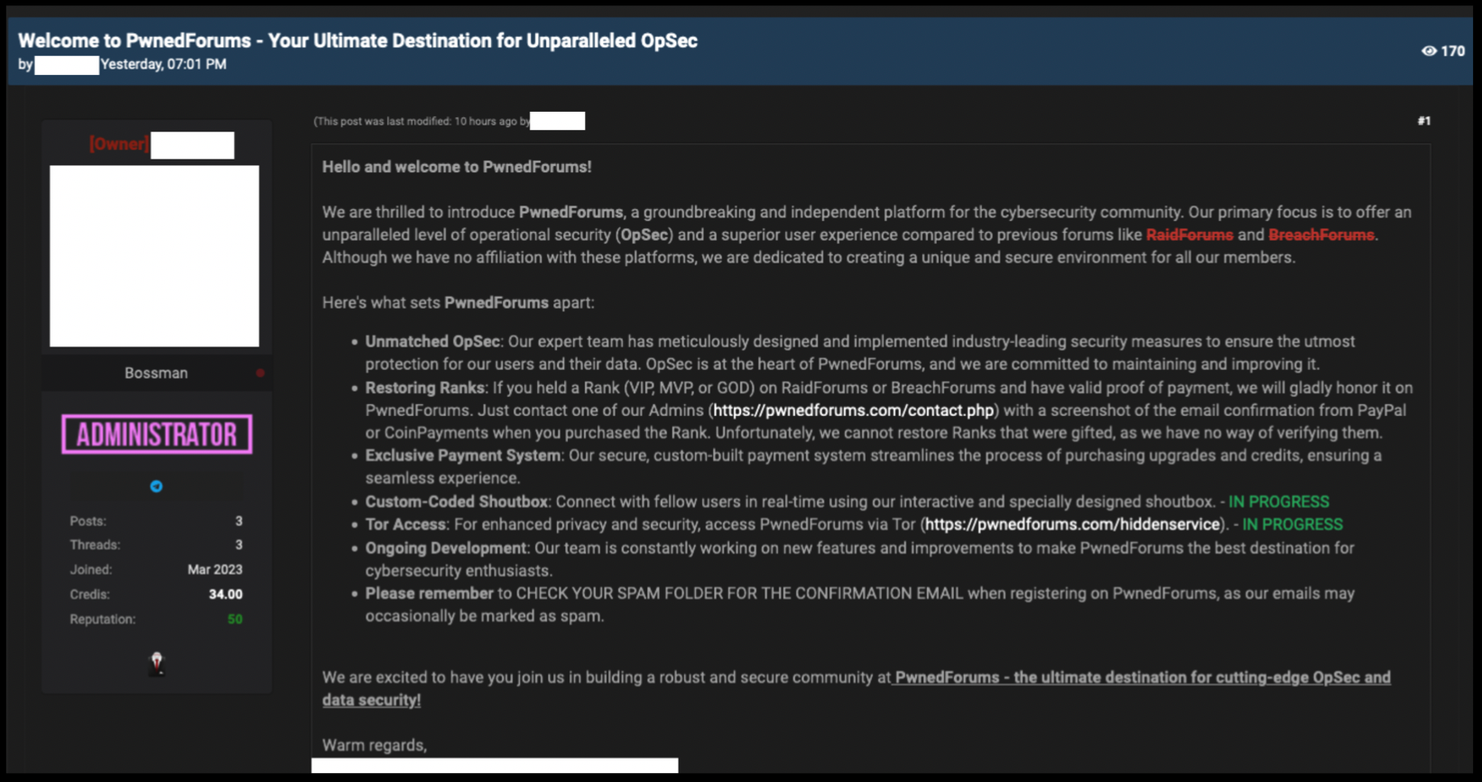 Figure 9: Welcome massage on PwnedForum