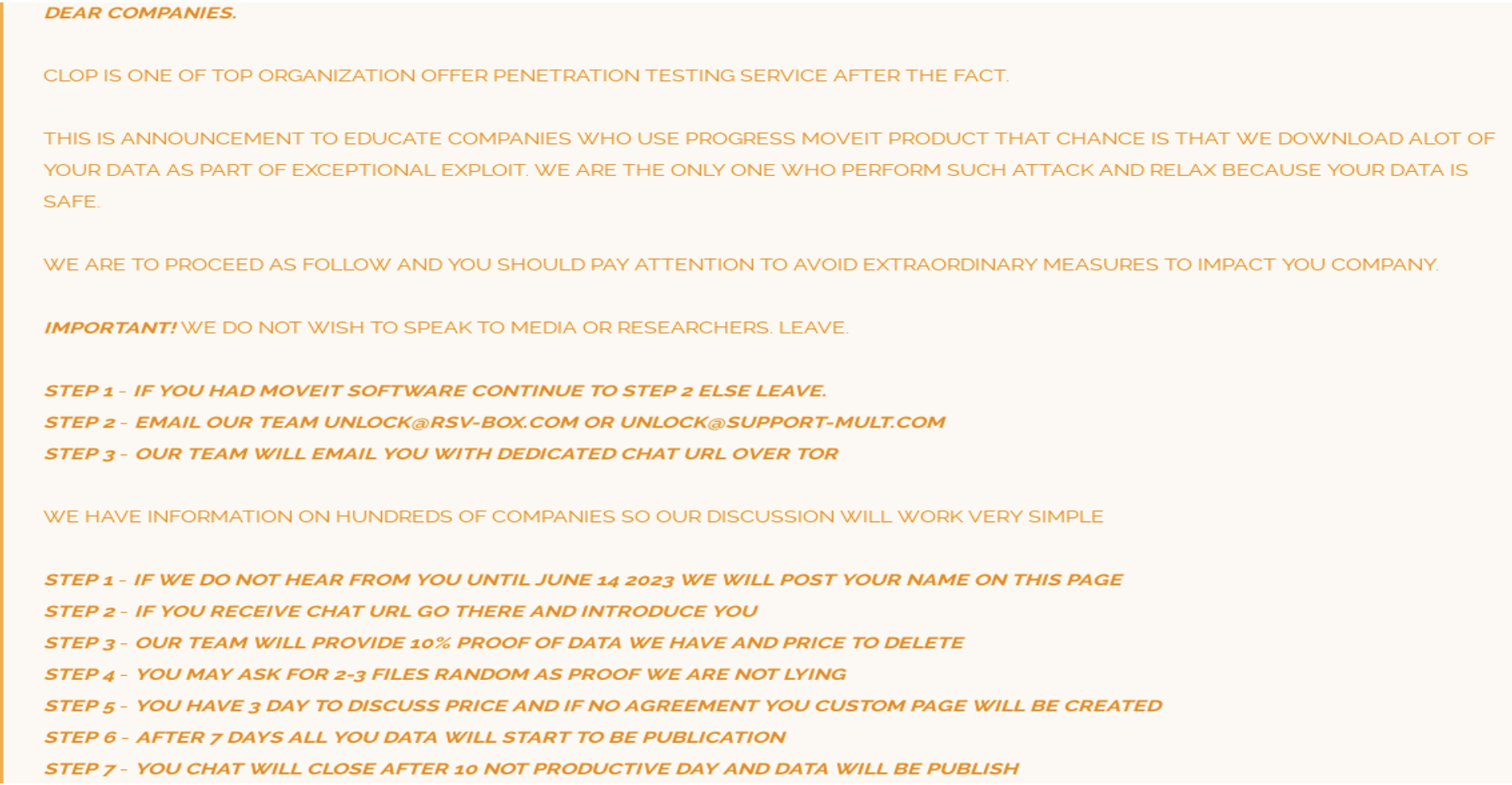 Post from the Clop ransomware shame website claiming responsibility for stealing data related to the MOVEit vulnerability