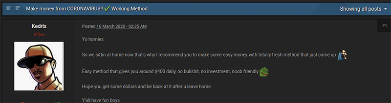 A post on an underground forum regarding opportunities to exploit the coronavirus epidemic for fraud