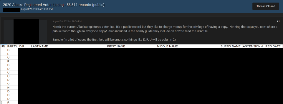 A paid public voter database of Alaska containing full voter names, as posted in a popular underground forum