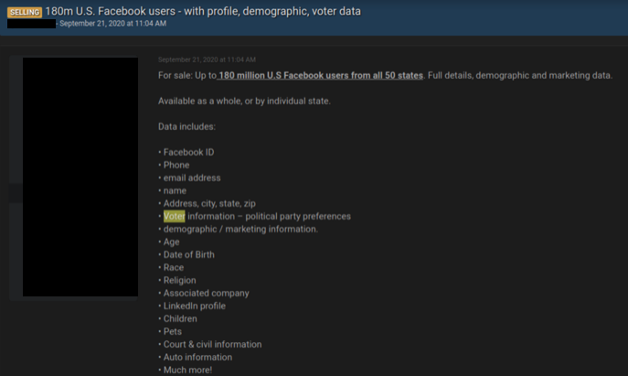Facebook database for sale in a popular underground forum