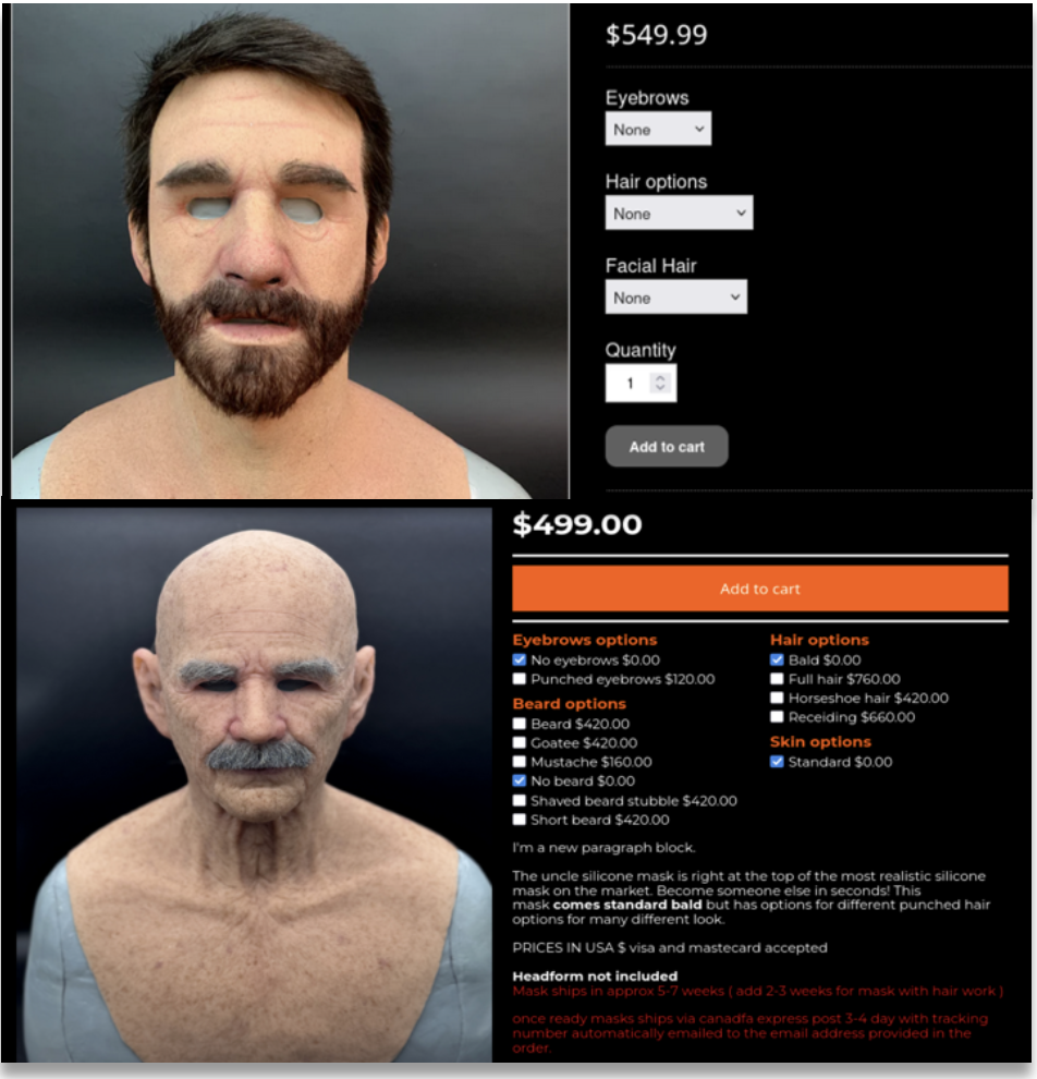 Examples of hyper realistic silicone masks available for purchase with customizable options on a publicly accessible website.