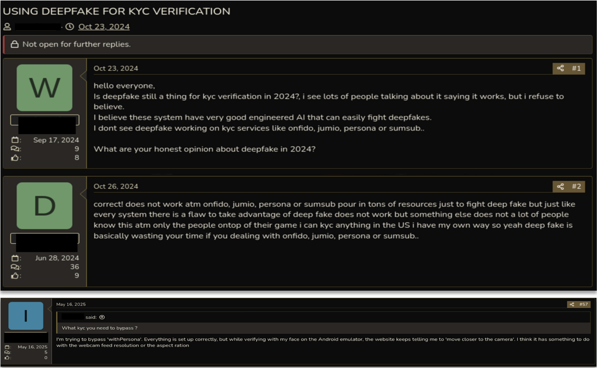 Cybercriminals commenting that deepfakes do not bypass certain KYC solutions.