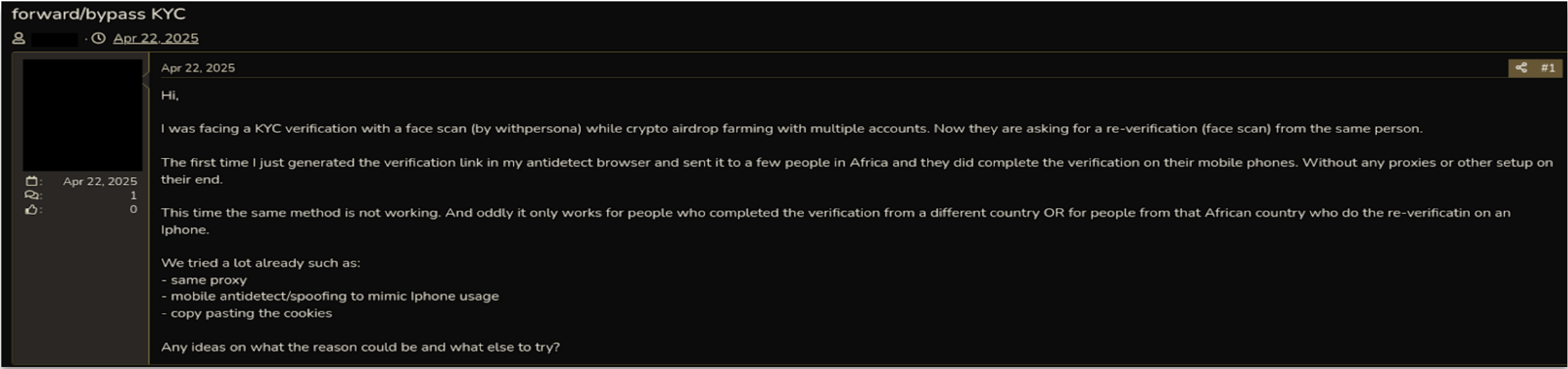 Cybercriminal notes similar past strategies for bypass are no longer working.
