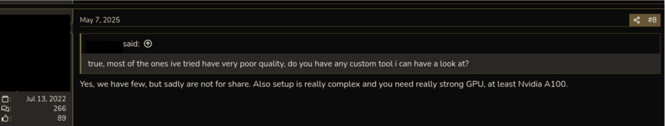 Cybercriminal commenting that a significant GPU (Graphics Processing Unit) is needed to generate quality deepfakes.