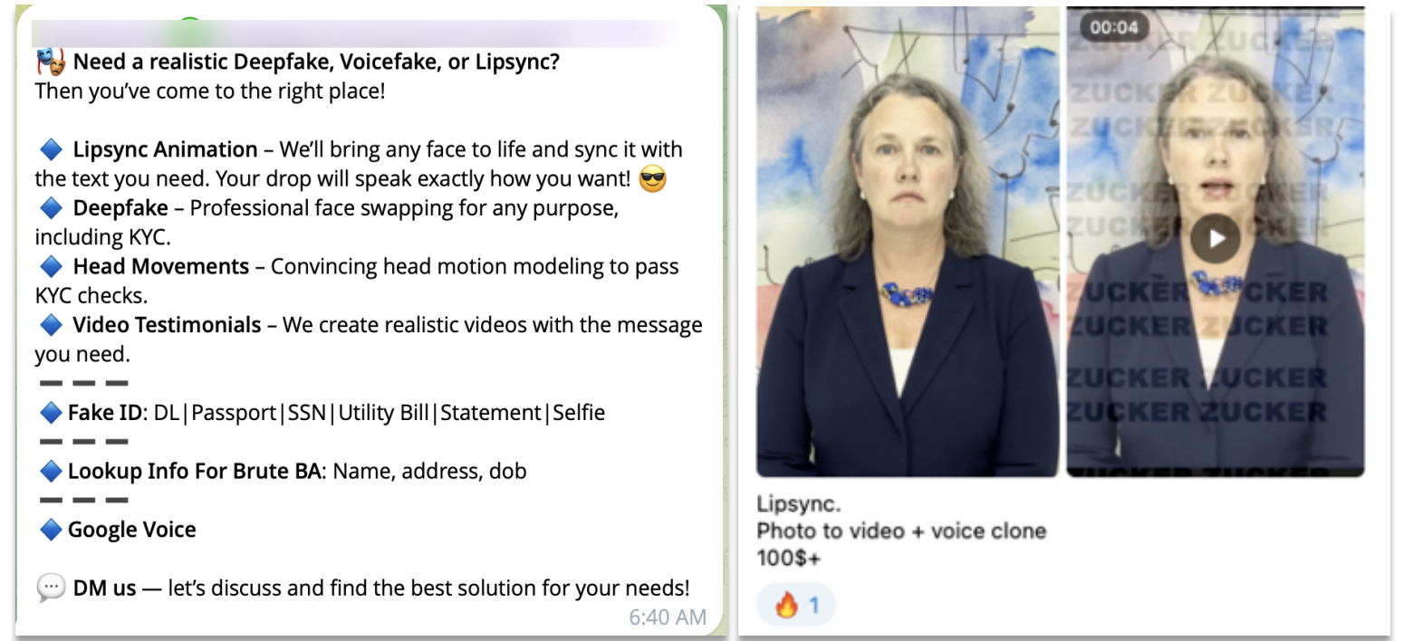 A ‘Deepfake as a Service’ advertisement and sample work product. One of the services offered is for Video Testimonials.