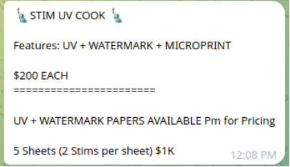 Fraudster advertising “cooked” treasury checks containing UV patterns, watermarks, and microprinted text.