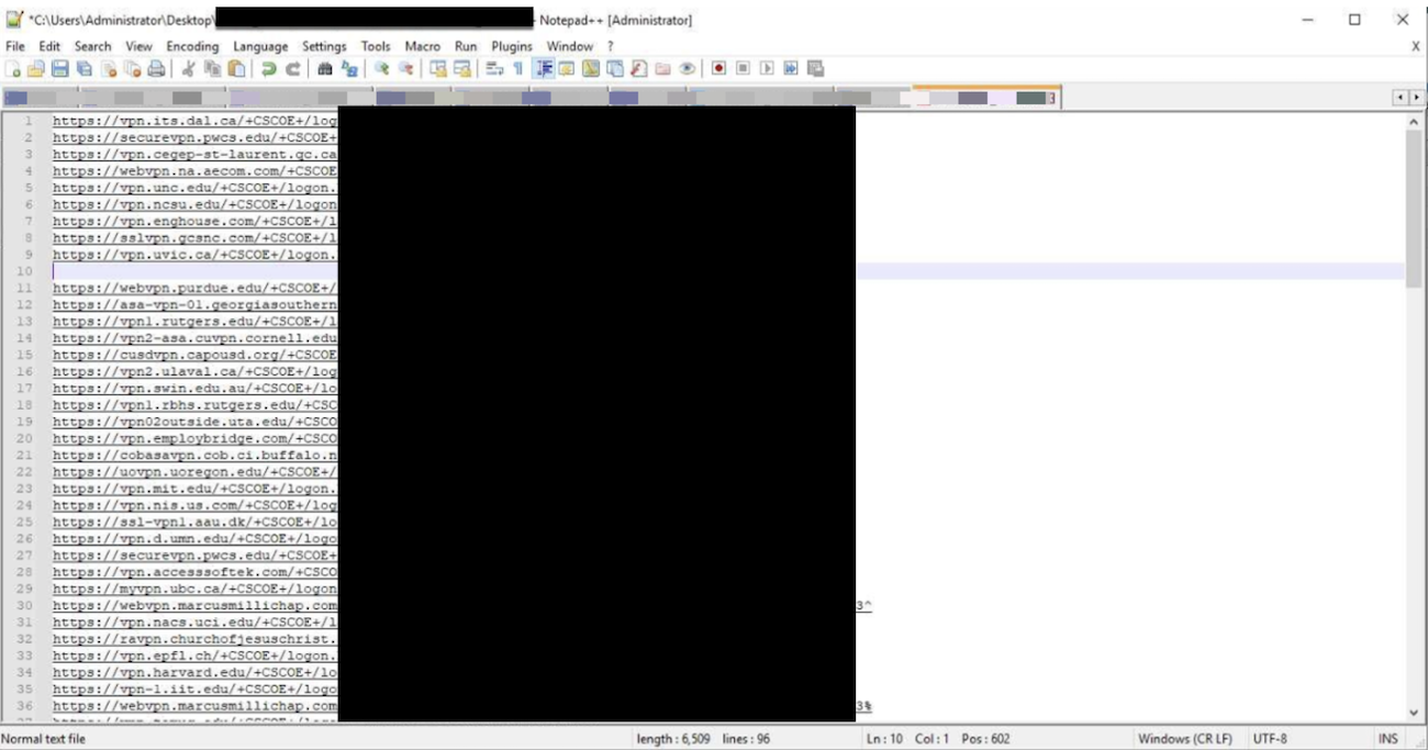 A threat actor viewing a file with 96 compromised VPN credentials for exploitation