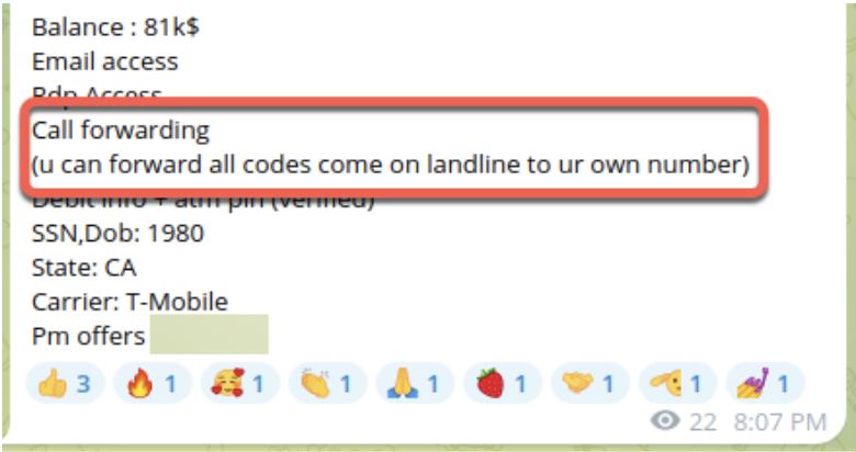 A fraudster advertising compromised online banking credentials that includes call forwarding for T-Mobile.