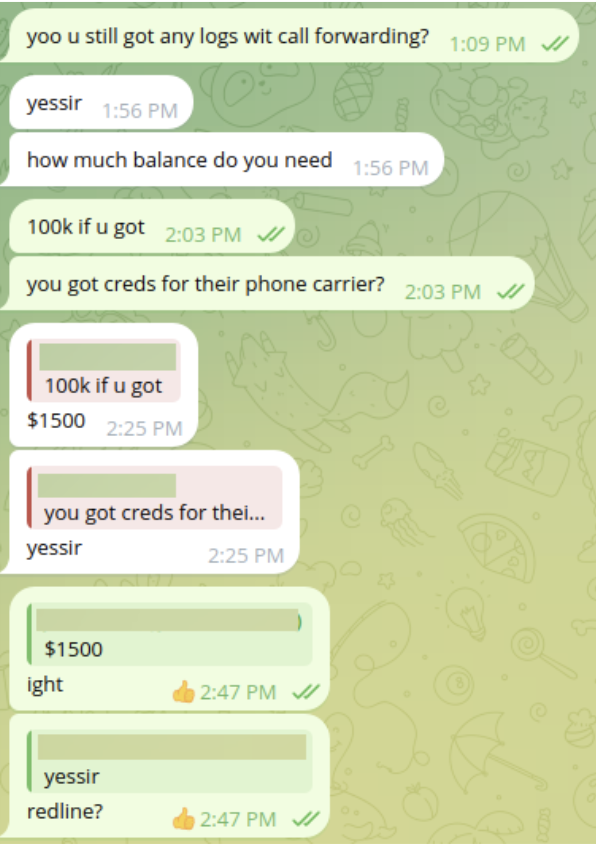 A fraudster using a thumbs up to confirm that they are in possession of the victim’s wireless account credentials that were collected by malware.