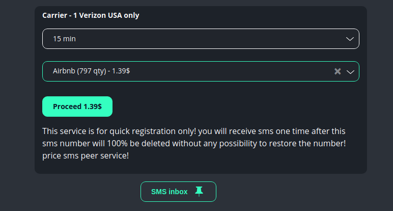 SMS verification service on Just-kill marketplace providing short-term virtual phone numbers based on physical Verizon SIM cards.