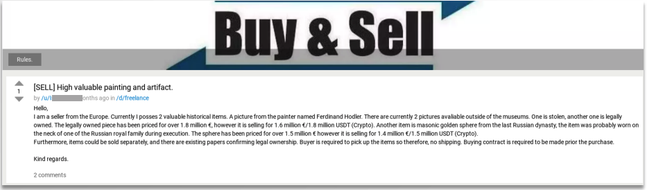 Example of stolen art posted for sale in a dark web forum.