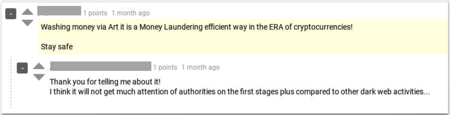 Example of a conversation from a dark web forum discussing laundering funds with art.