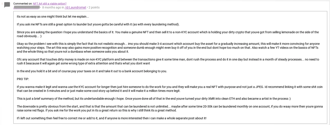 Example of a dark web forum post discussing laundering funds with NFTs.