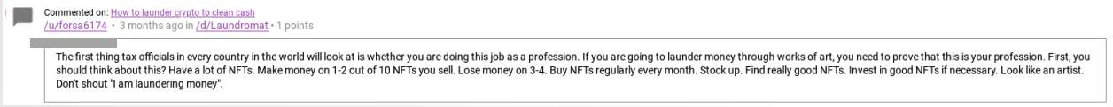 Example of a dark web forum post discussing laundering funds with NFTs.
